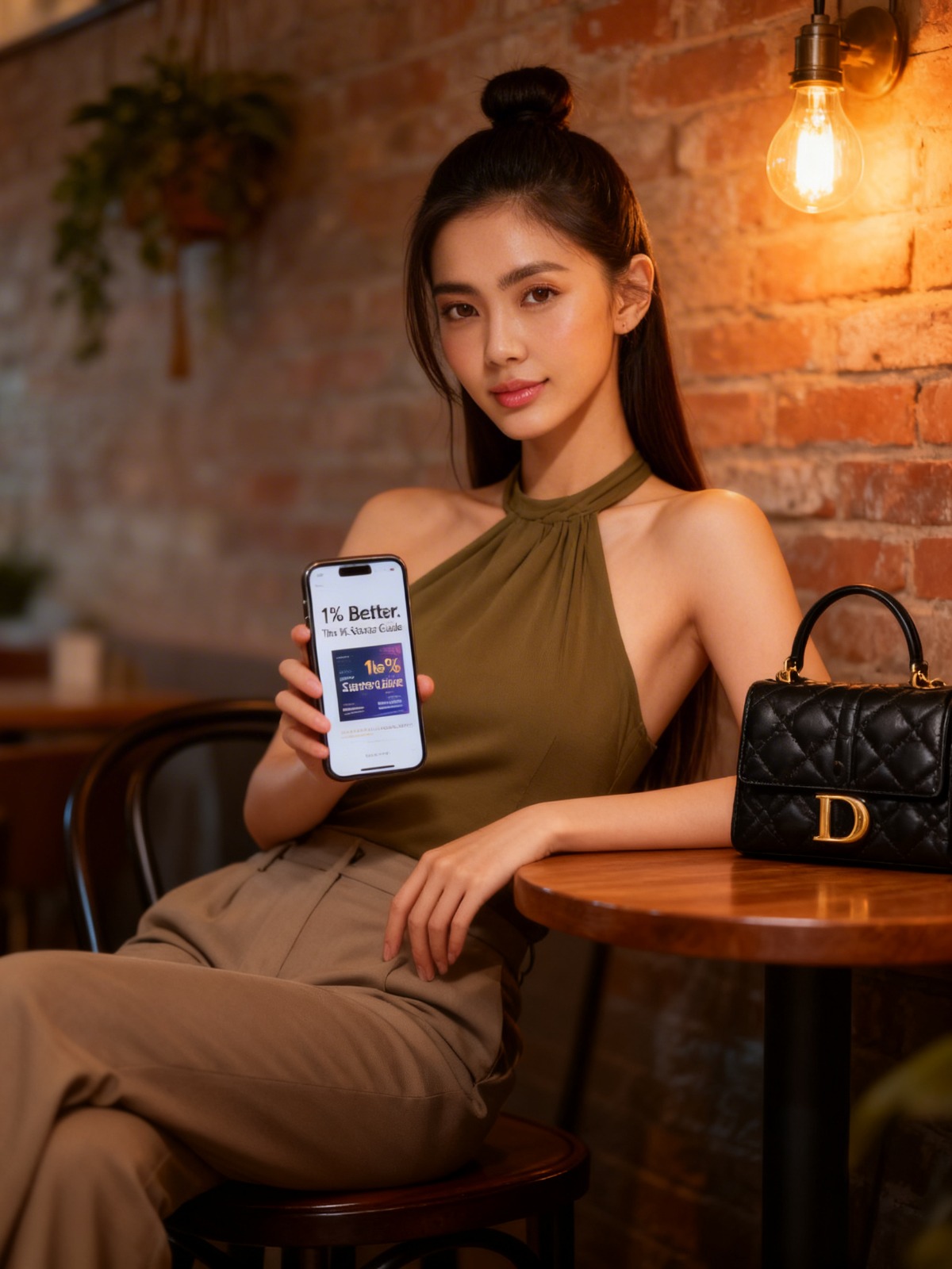 Create content in minutes — woman showing 1% Better on phone